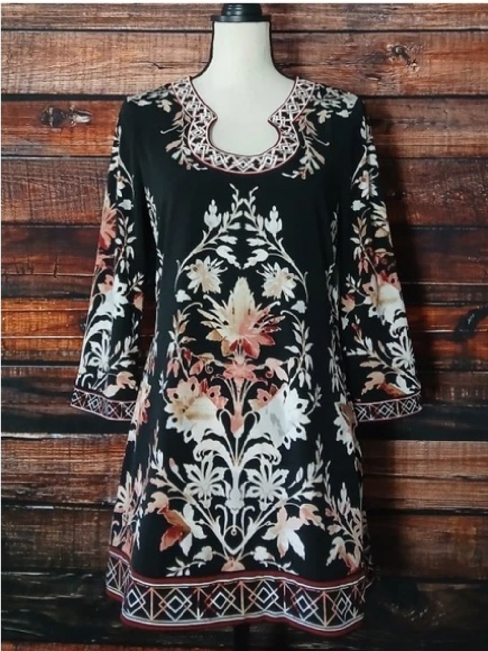 White House Black Market Embroidered Floral Shift Tunic Dress Black XS